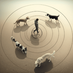 a few dogs walking in a circle